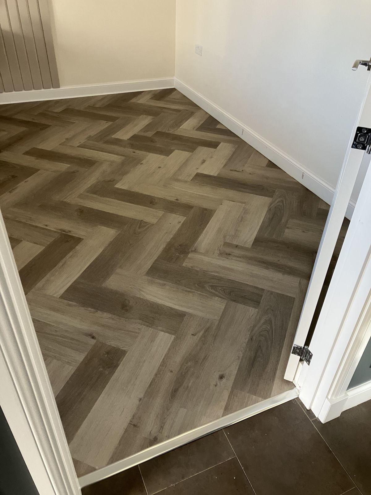 Grey Herringbone Living Room Floor in a Day — gallery photo