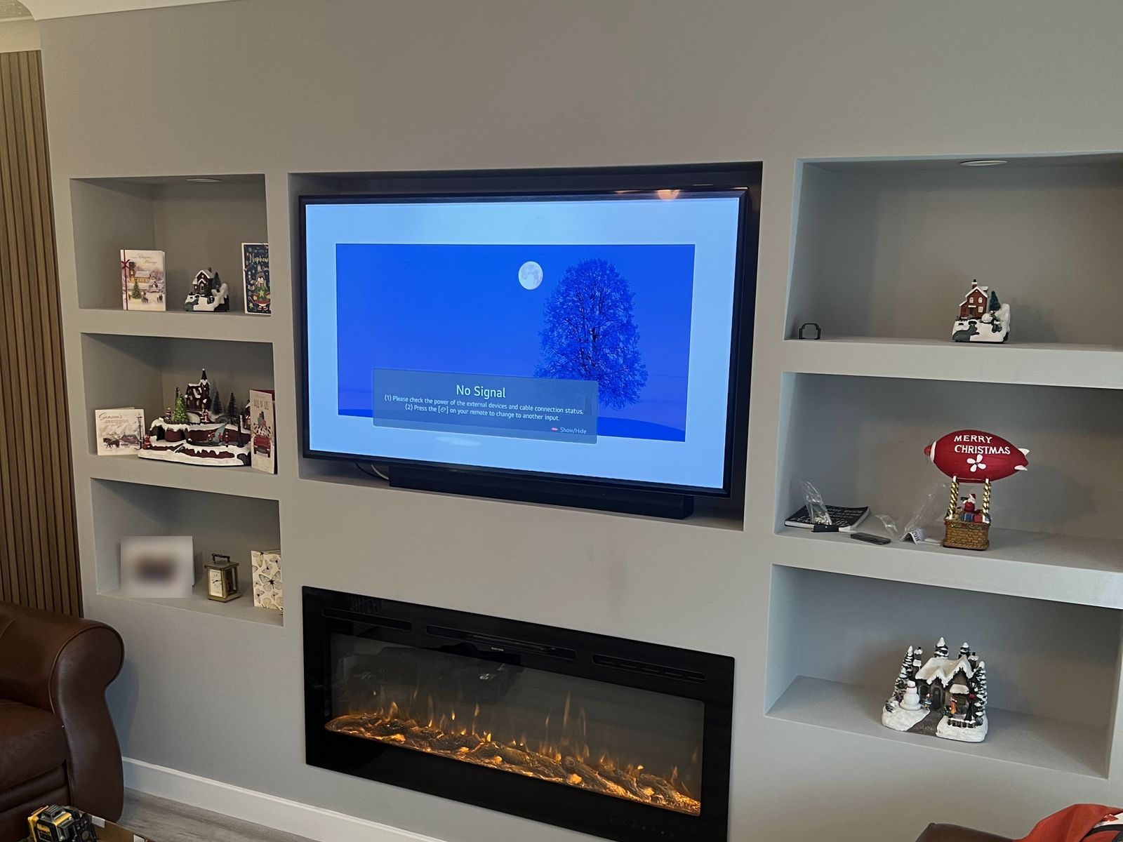Media Wall with Electric Fire and Lit Shelves — finished work in Lanarkshire