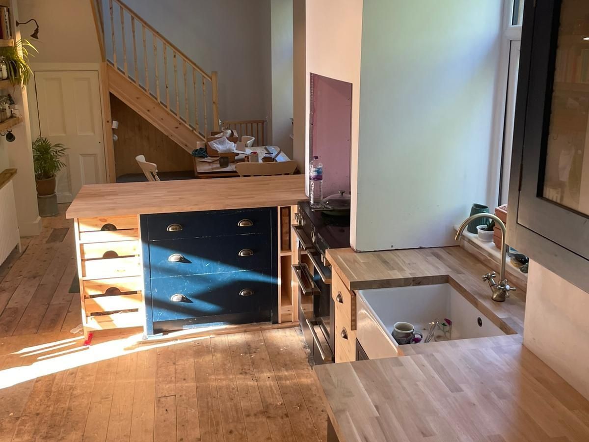 Navy Kitchen with Oak Worktops and a Belfast Sink — Lanarkshire