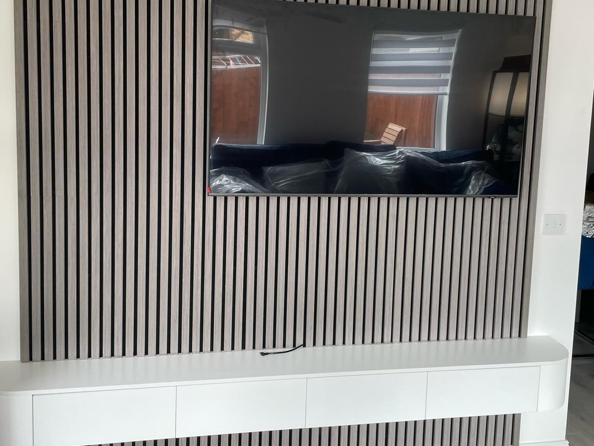 Slat Media Wall with a Floating TV Unit — finished work in Lanarkshire